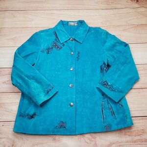 Vintage Chicos Jacket‎ Womens Size 3 Blue Suede Leather Southwestern Sun